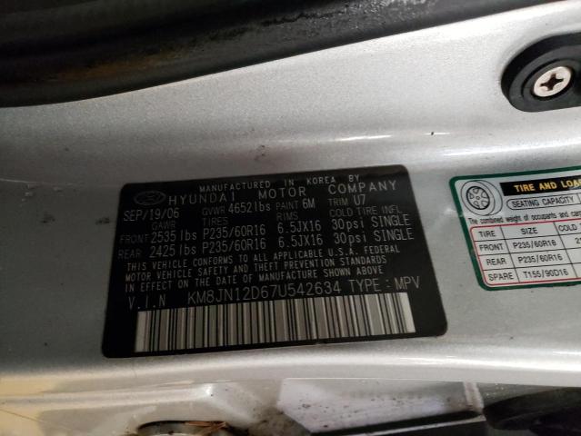 KM8JN12D67U542634 - 2007 HYUNDAI TUCSON SILVER photo 13