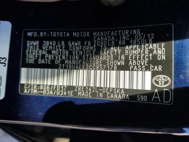 2T1BU4EE2CC857178 - 2012 TOYOTA CAROLLA BLUE photo 12