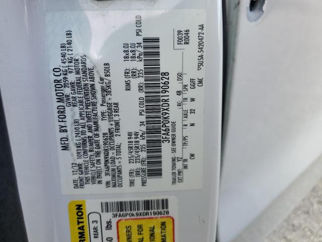 3FA6P0K9XDR190628 - 2013 FORD FUSION TIT WHITE photo 12