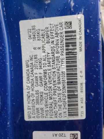 2HGFE2F53NH581038 - 2022 HONDA CIVIC SPOR BLUE photo 12