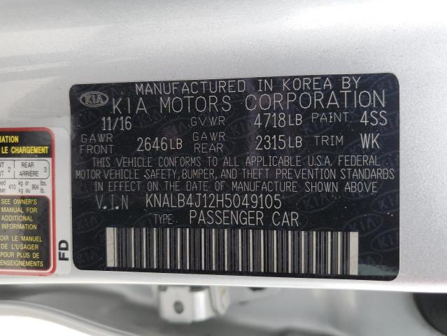 KNALB4J12H5049105 - 2017 KIA CADENZA PR SILVER photo 12