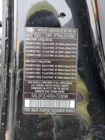 SALSF2D40BA703698 - 2011 LAND ROVER RANGE ROVE BLACK photo 13