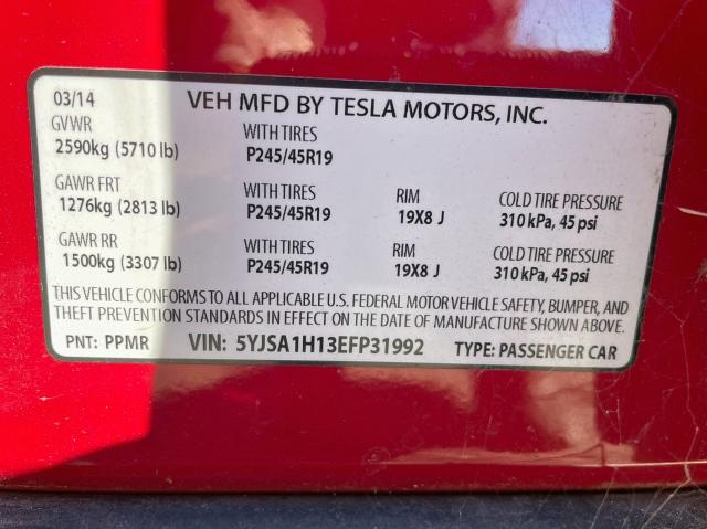 5YJSA1H13EFP31992 - 2014 TESLA MODEL S Կարմիր լուսանկար 10