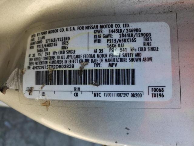 4N2ZN15T22D803838 - 2002 NISSAN QUEST GXE SILVER photo 13