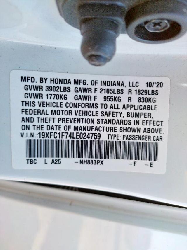 19XFC1F74LE024759 - 2020 HONDA CIVIC EXL Ağ foto 10