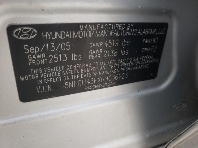 5NPEU46FX6H036223 - 2006 HYUNDAI SONATA GLS SILVER photo 12