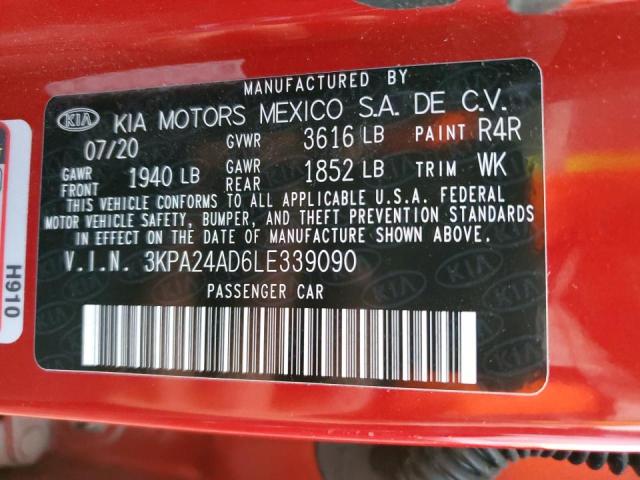 3KPA24AD6LE339090 - 2020 KIA RIO LX RED photo 12