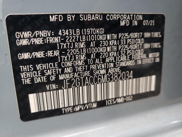 JF2GTACC6MG382034 - 2021 SUBARU CROSSTREK GRAY photo 12