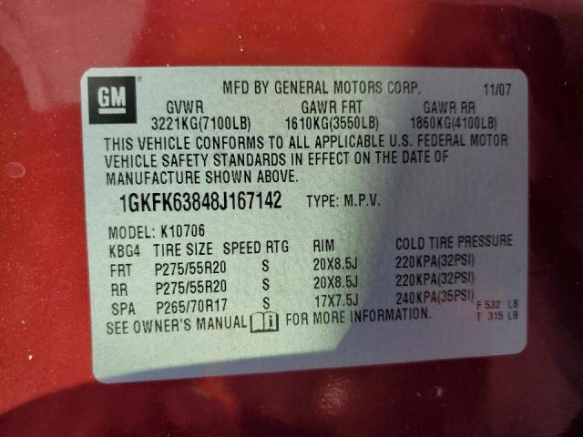 1GKFK63848J167142 - 2008 GMC YUKON DENA RED photo 13