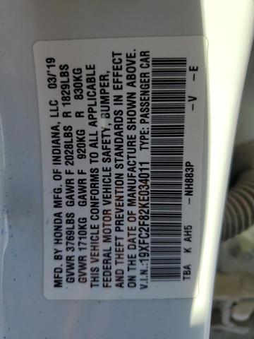 19XFC2F82KE034011 - 2019 HONDA CIVIC SPOR Weiß Foto 13