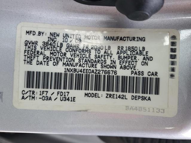 1NXBU4EE0AZ276676 - 2010 TOYOTA COROLLA ვერცხლისფერი ფოტო 12