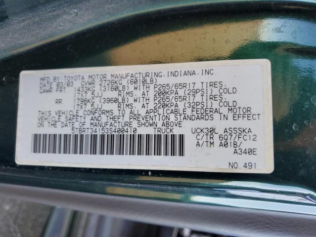 5TBRT34153S400410 - 2003 TOYOTA TUNDRA ACC GREEN photo 12