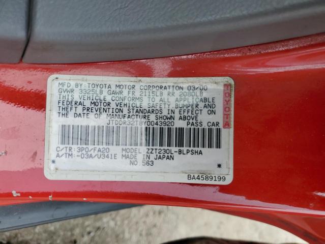 JTDDR32T8Y0043920 - 2000 TOYOTA CELICA GT RED photo 12