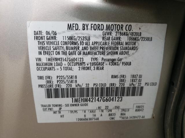 1MEHM42147G604123 - 2007 MERCURY MONTEGO PR 银色 照片 10