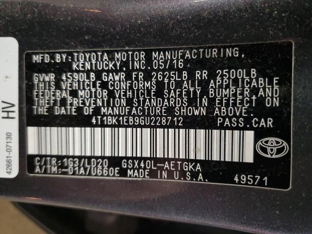 4T1BK1EB9GU228712 - 2016 TOYOTA AVALON XLE GRAY photo 12