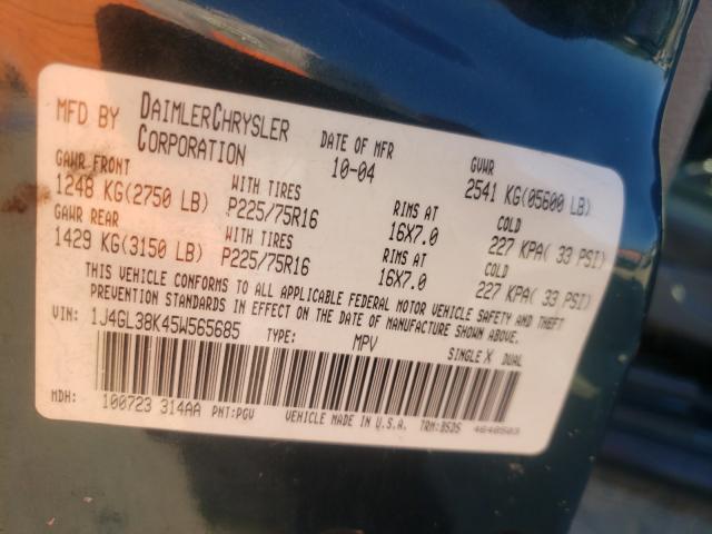 1J4GL38K45W565685 - 2005 JEEP LIBERTY RE GREEN photo 10