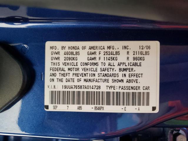 19UUA76587A014728 - 2007 ACURA TL TYPE S BLUE photo 12