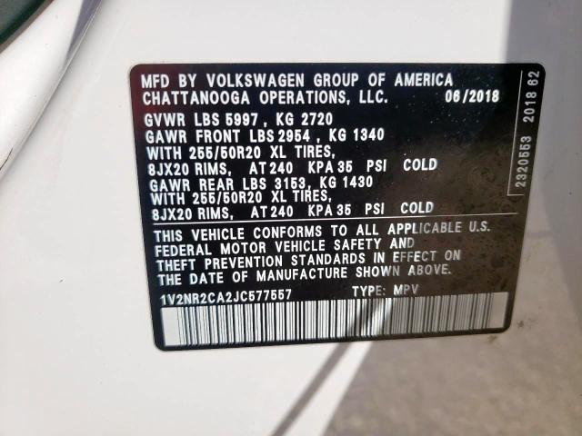 1V2NR2CA2JC577557 - 2018 VOLKSWAGEN ATLAS SEL Ağ foto 10
