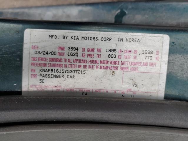 KNAFB1615Y5207215 - 2000 KIA SPECTRA TEAL photo 13