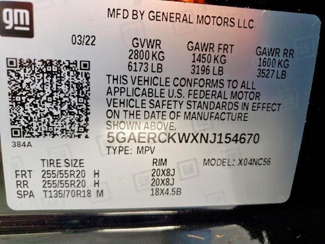 5GAERCKWXNJ154670 - 2022 BUICK ENCLAVE PR BLACK photo 10