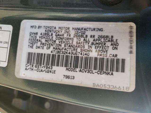 4T1BE32K43U674140 - 2003 TOYOTA CAMRY LE GREEN photo 12