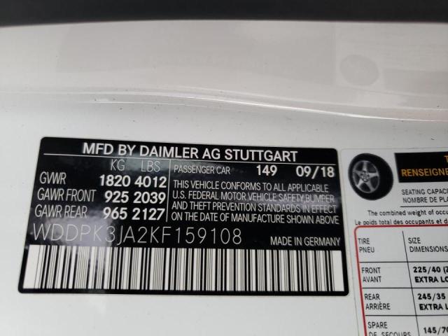 WDDPK3JA2KF159108 - 2019 MERCEDES-BENZ SLC 300 WHITE photo 10