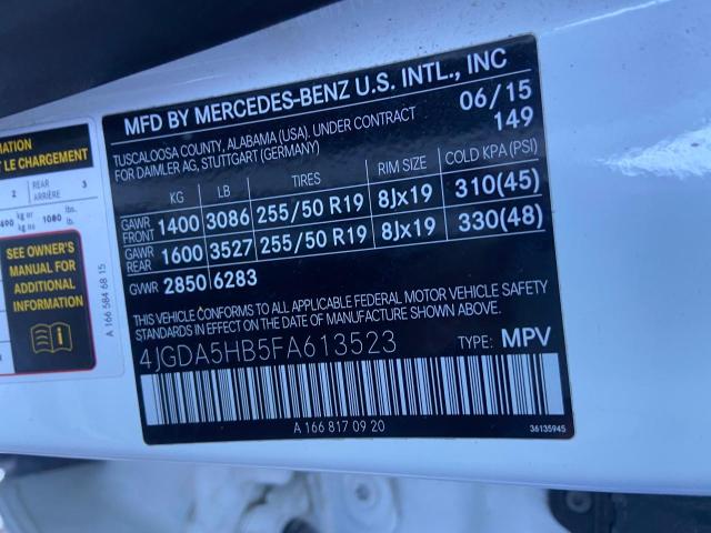 4JGDA5HB5FA613523 - 2015 MERCEDES-BENZ ML 350 4MA WHITE photo 11