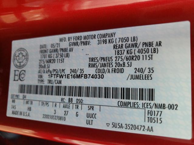 1FTFW1E16MFB74030 - 2021 FORD F150 SUPER RED photo 12