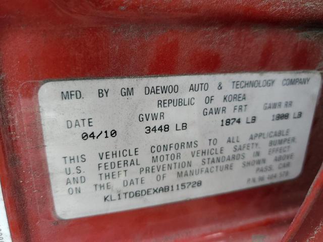 KL1TD6DEXAB115728 - 2010 CHEVROLET AVEO LS 红色 照片 12