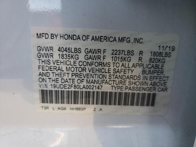 19UDE2F80LA002147 - 2020 ACURA ILX Beyaz fotoğraf 10