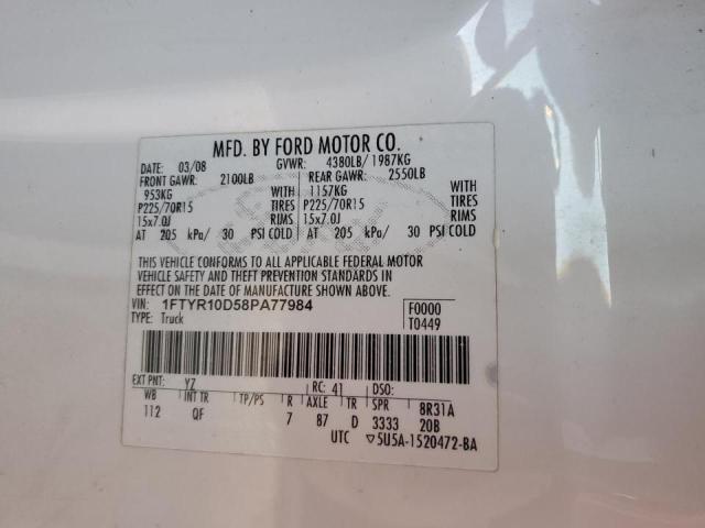 1FTYR10D58PA77984 - 2008 FORD RANGER WHITE photo 12