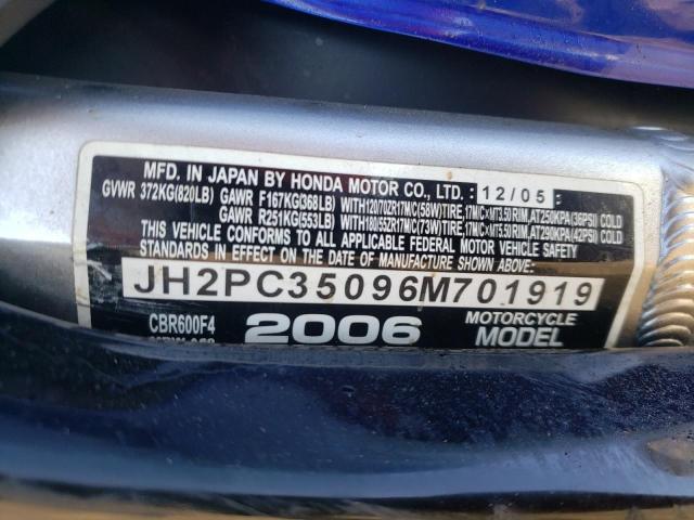 JH2PC35096M701919 - 2006 HONDA CBR600 F4 BLUE photo 10