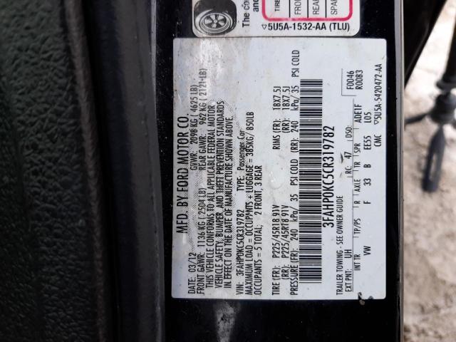 3FAHP0KC5CR319782 - 2012 FORD FUSION SPO BLACK photo 12