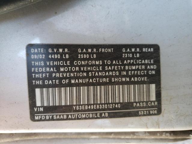 YS3EB49E833012740 - 2003 SAAB 9-5 LINEAR SILVER photo 12