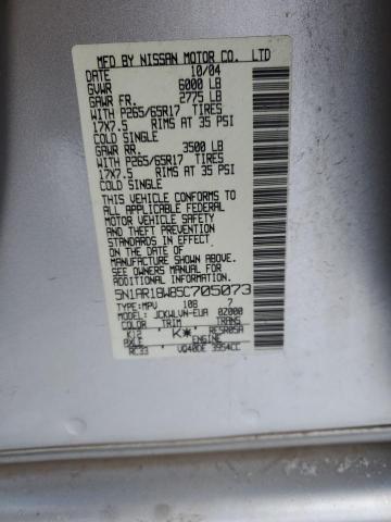 5N1AR18W85C705073 - 2005 NISSAN PATHFINDER 银色 照片 14