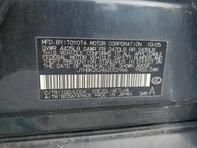 JTHBK262462002966 - 2006 LEXUS IS GRAY photo 12