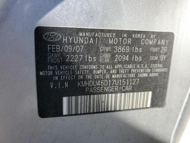 KMHDU46D17U151127 - 2007 HYUNDAI ELANTRA GL SILVER photo 12