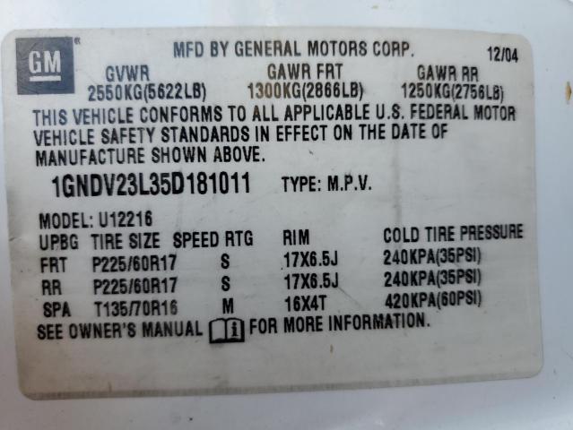 1GNDV23L35D181011 - 2005 CHEVROLET UPLANDER L Ağ foto 13