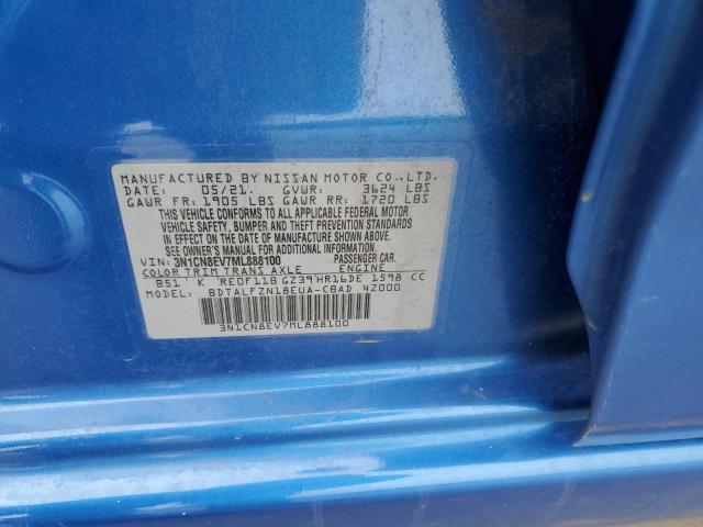 3N1CN8EV7ML888100 - 2021 NISSAN VERSA SV BLUE photo 12