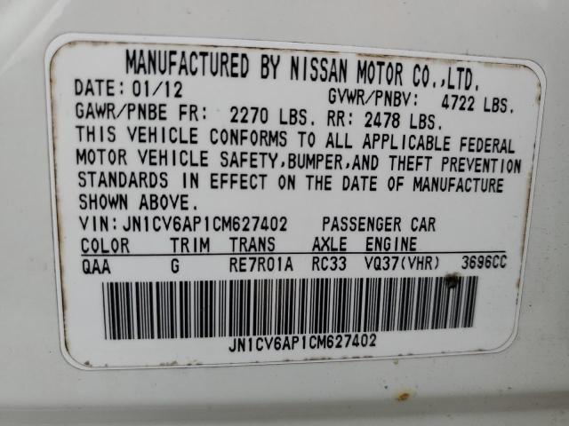 JN1CV6AP1CM627402 - 2012 INFINITI G37 BASE WHITE photo 13