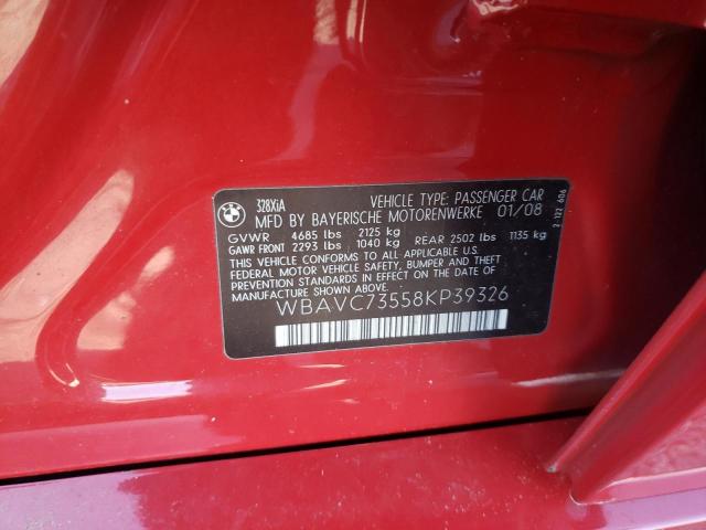 WBAVC73558KP39326 - 2008 BMW 328XI SULE RED photo 12