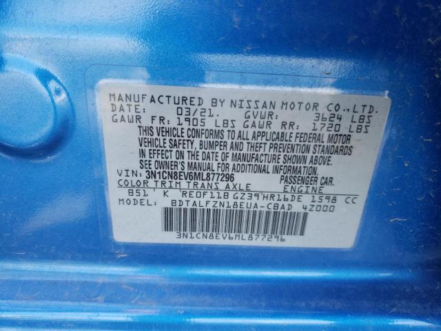 3N1CN8EV6ML877296 - 2021 NISSAN VERSA SV BLUE photo 12