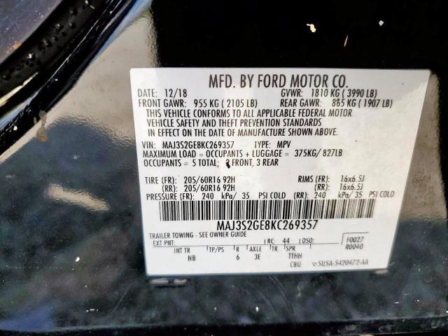 MAJ3S2GE8KC269357 - 2019 FORD ECOSPORT S BLACK photo 10