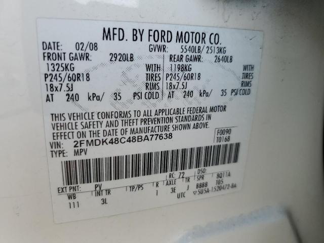 2FMDK48C48BA77638 - 2008 FORD EDGE SEL CREAM photo 12