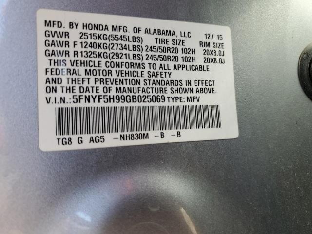 5FNYF5H99GB025069 - 2016 HONDA PILOT TOUR SILVER photo 10