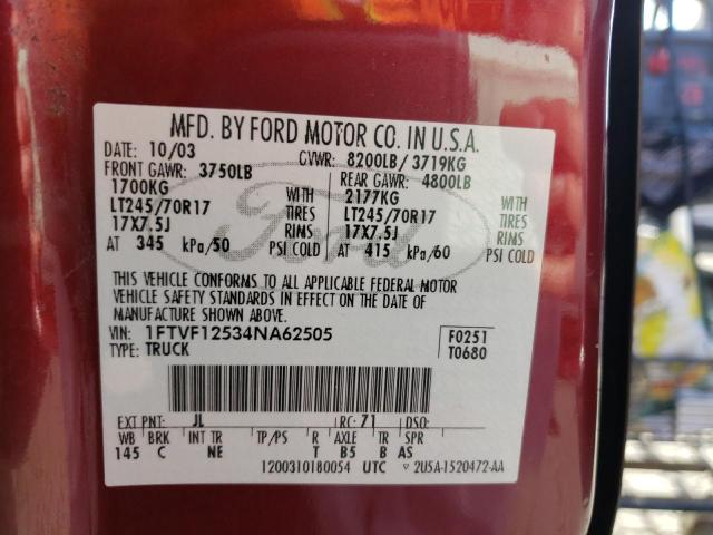 1FTVF12534NA62505 - 2004 FORD F150 RED photo 12