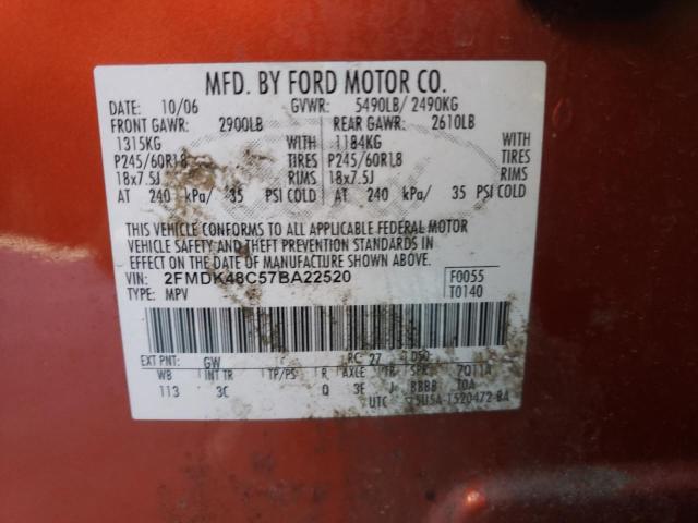 2FMDK48C57BA22520 - 2007 FORD EDGE SEL ORANGE photo 12