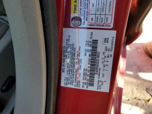 3FAHP0JG3CR158837 - 2012 FORD FUSION SEL RED photo 12