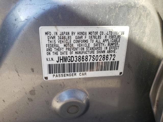 JHMGD38687S028672 - 2007 HONDA FIT S ვერცხლისფერი ფოტო 12