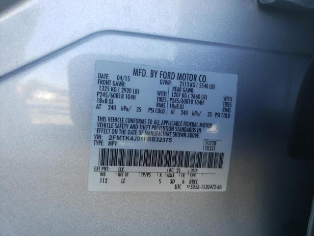 2FMTK4J91FBB32375 - 2015 FORD EDGE SEL SILVER photo 10